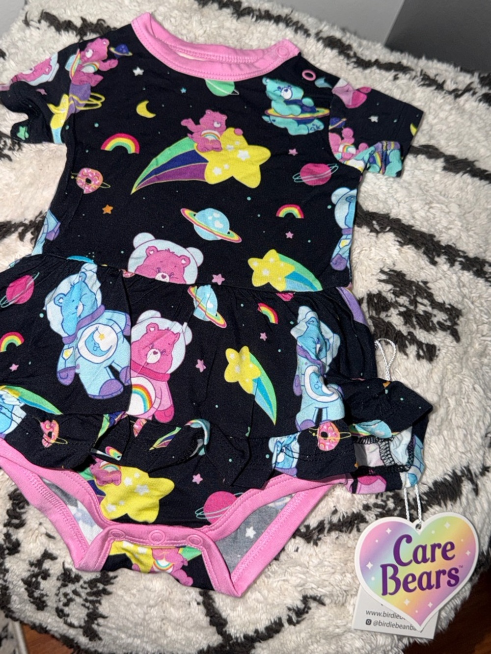Care Bears x Birdie Bean Bamboo Ruffle Bodysuit  Dress 3-6M Galaxy Cosmic Stars